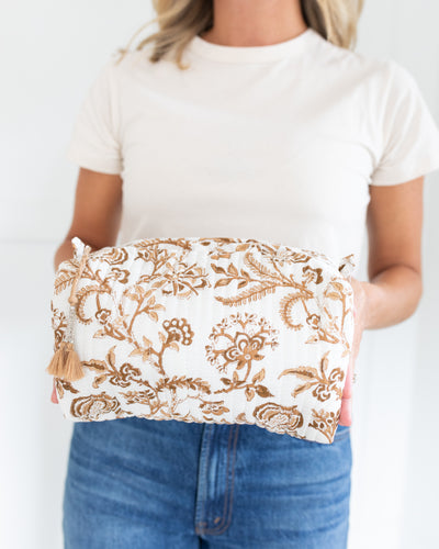 Brown and White Autumn Floral Cosmetic Bag