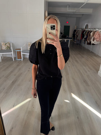 Black Knit Top With Poplin Puff Sleeves