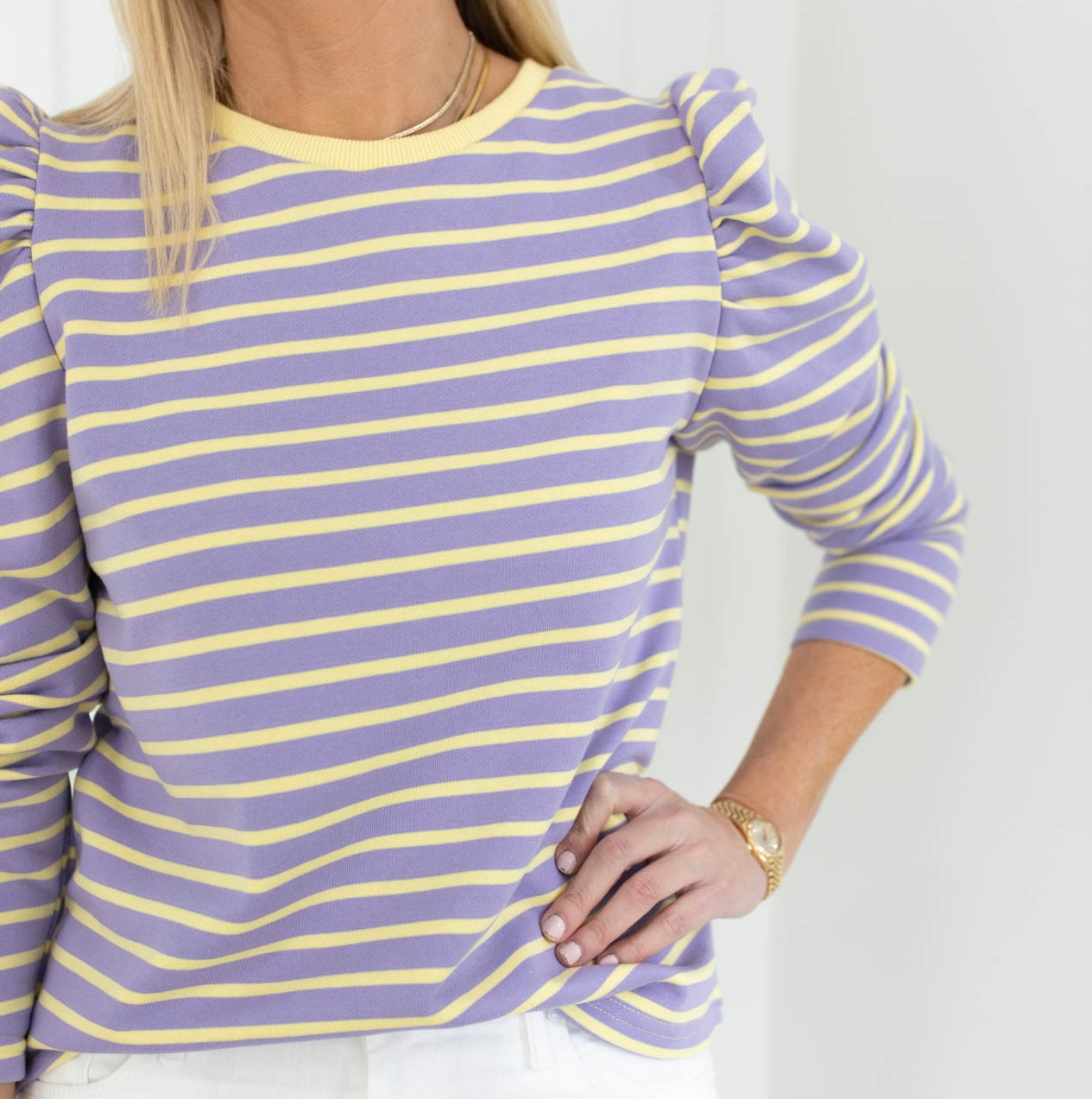Lavender and Soft Yellow Striped French Terry Top