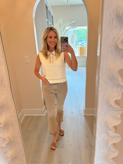 Cream Sleeveless Top with Brown Whip Stitch