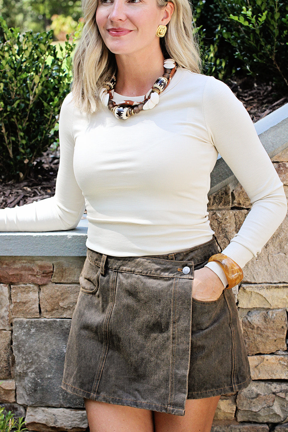 Cocoa Brown Denim Wrap Skort