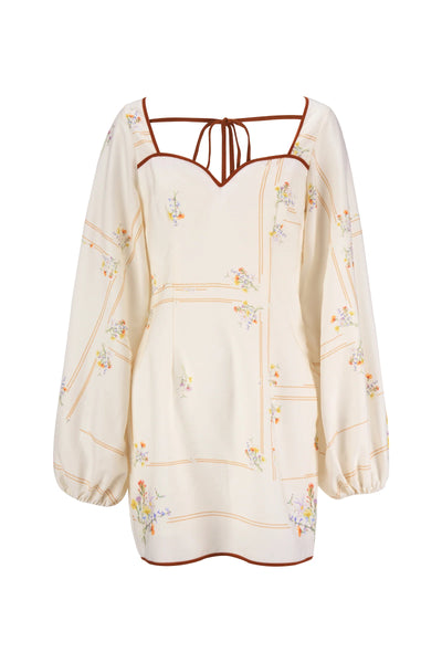 Cream Floral Balloon Sleeve Dress with Contrast Trim