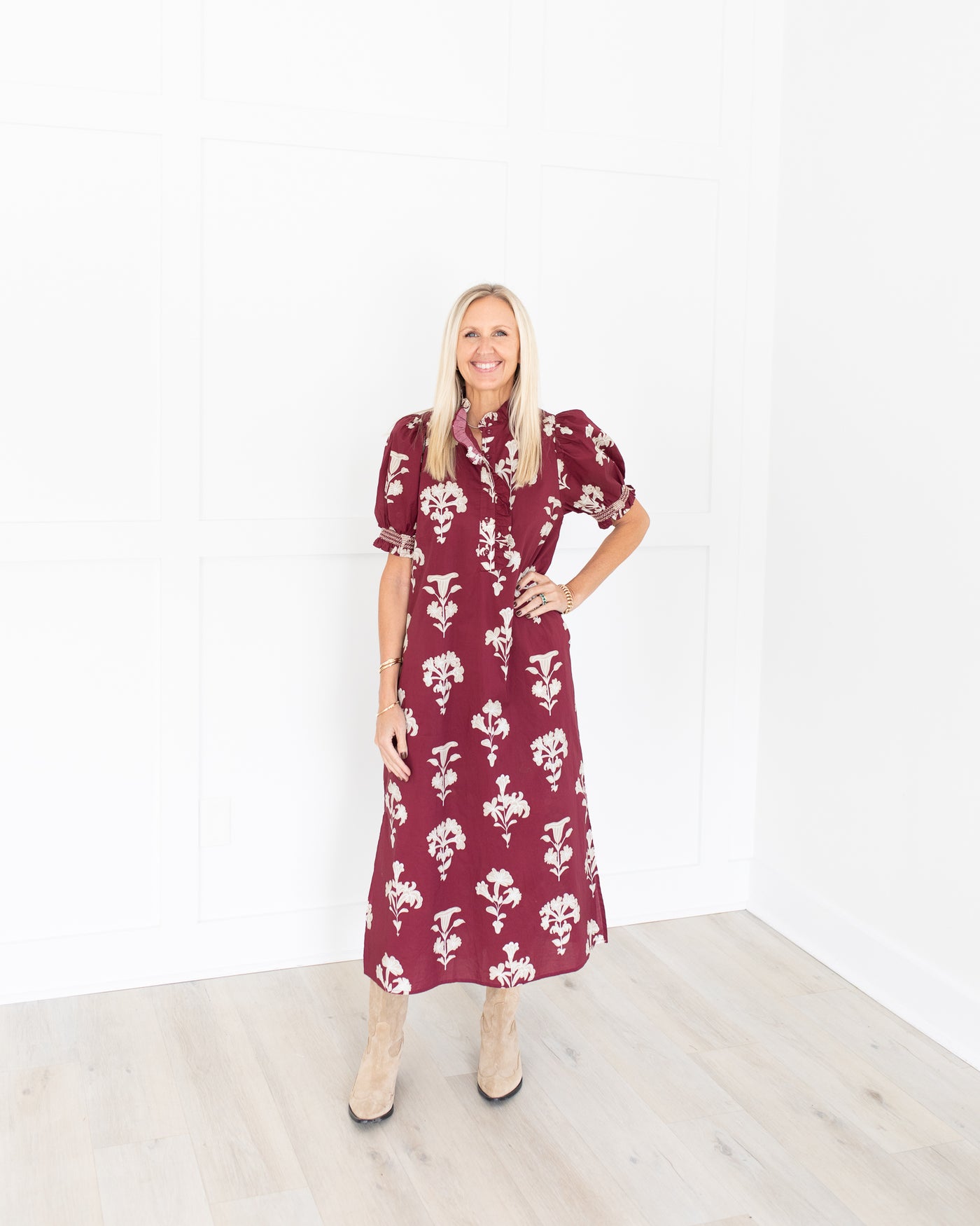 Wine with Taupe Floral Short Sleeve Midi Dress