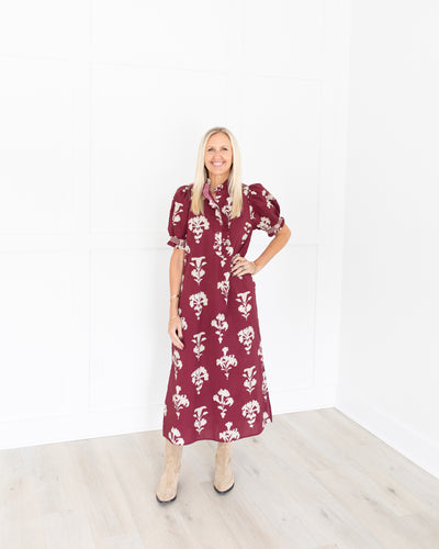Wine with Taupe Floral Short Sleeve Midi Dress