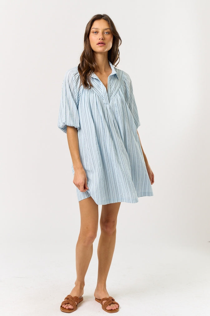 Blue Striped Puff Sleeve Mini Shirt Dress