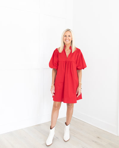 Red Poplin Puff Sleeve Cotton Dress - One Size