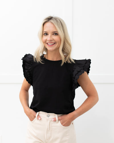 Black Scalloped Detail Poplin Top