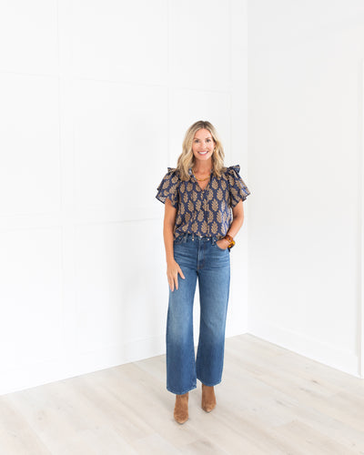 Navy and Tan Botanical Tiered Top