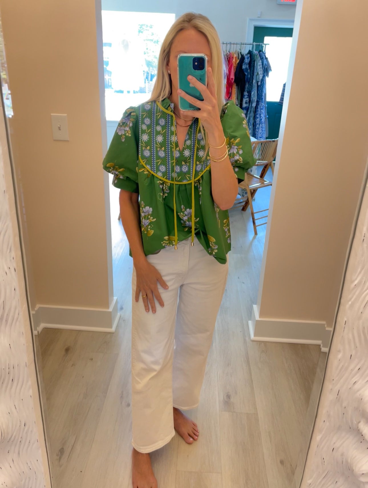 Kelly Green and Blue Floral Top with Tie
