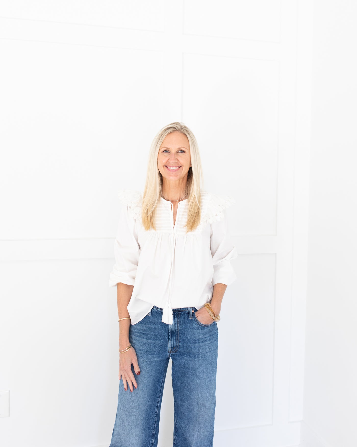 White Embroidered Flutter Sleeve with Tuck Detail Top