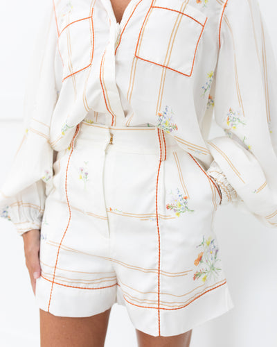 Cream Floral Shorts with Contrast Stitching