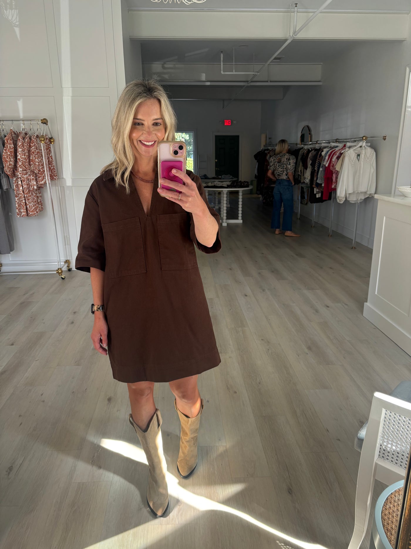 Brown V Neck Dress with Collar