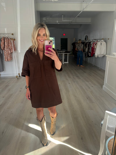 Brown V Neck Dress with Collar