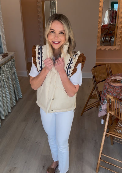 Ivory Ruffle Sleeve Puffer Vest with Embroidered Knit Detail