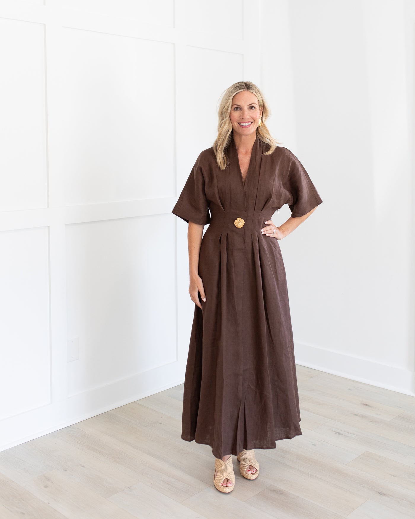 Brown V Neck Pleated Dress with Gold Button Detail