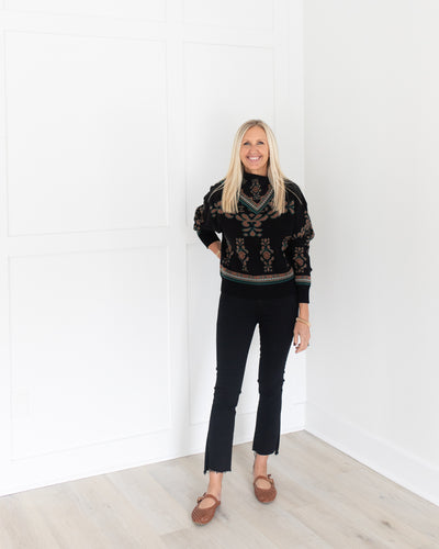 Black, Brown and Teal Scarf Neck Print Sweater