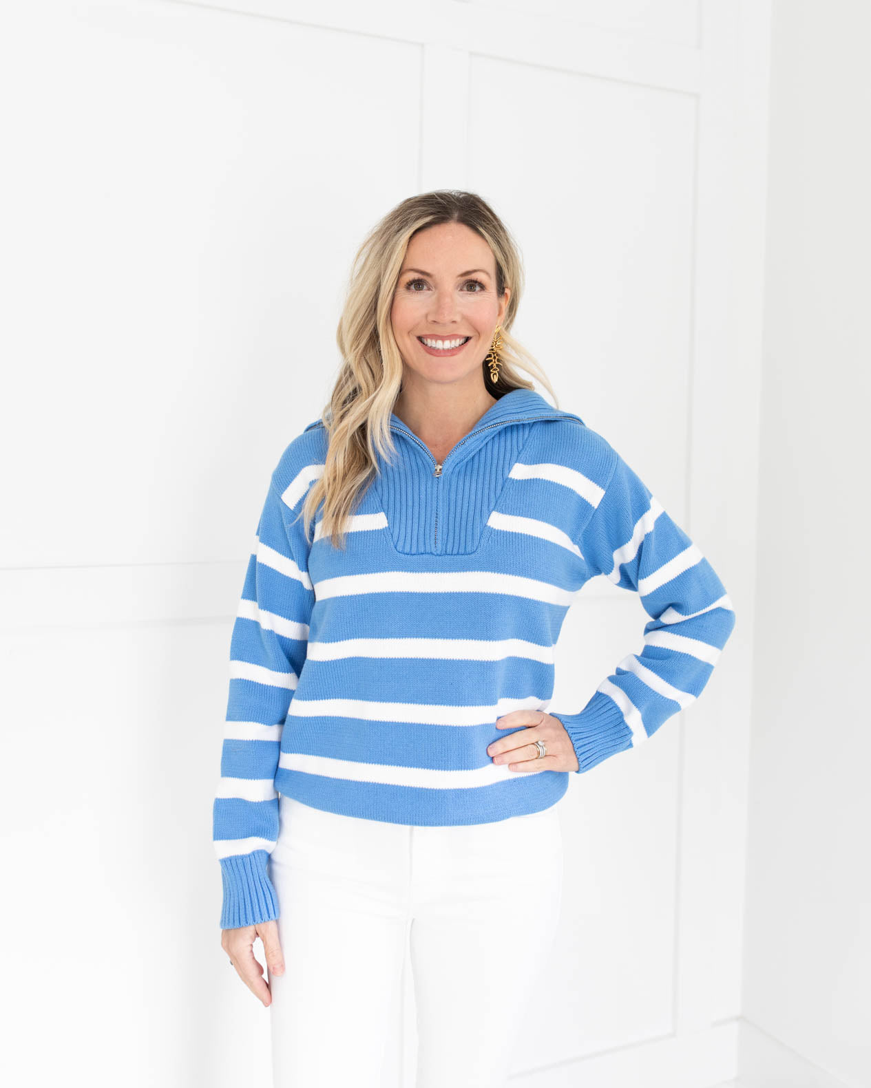 Blue/White Striped Knit Zip Pullover