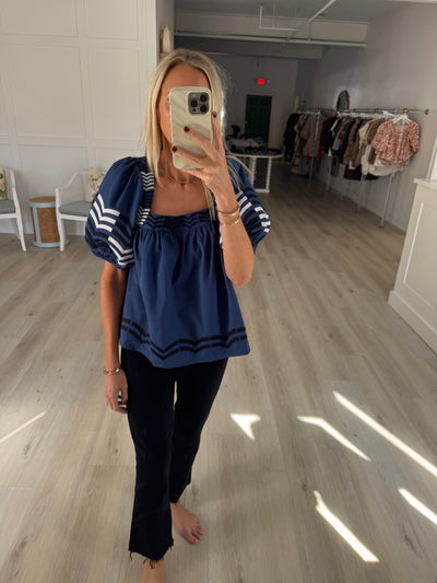 Navy Square Neck Blouse with Embroidered Puff Sleeves