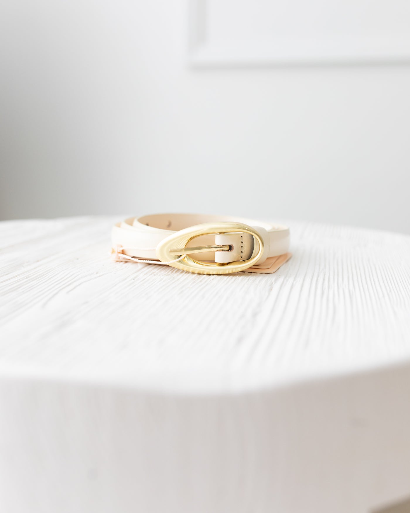 Ecru Leather Belt with Oblong Gold Buckle