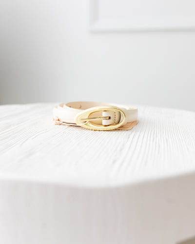 Ecru Leather Belt with Oblong Gold Buckle