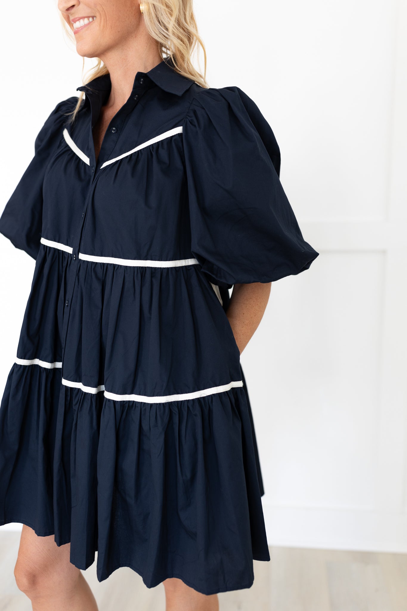 Navy Cotton Poplin Tiered Shirt Dress