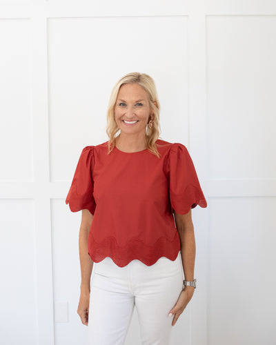 Brick Blouse with Woven Wave Detail Trim