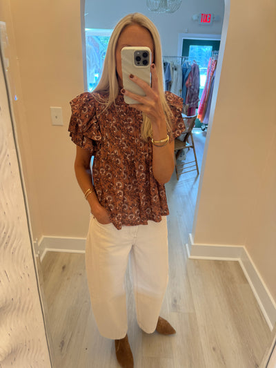 Brown Floral Pintuck Ruffle Sleeve Blouse