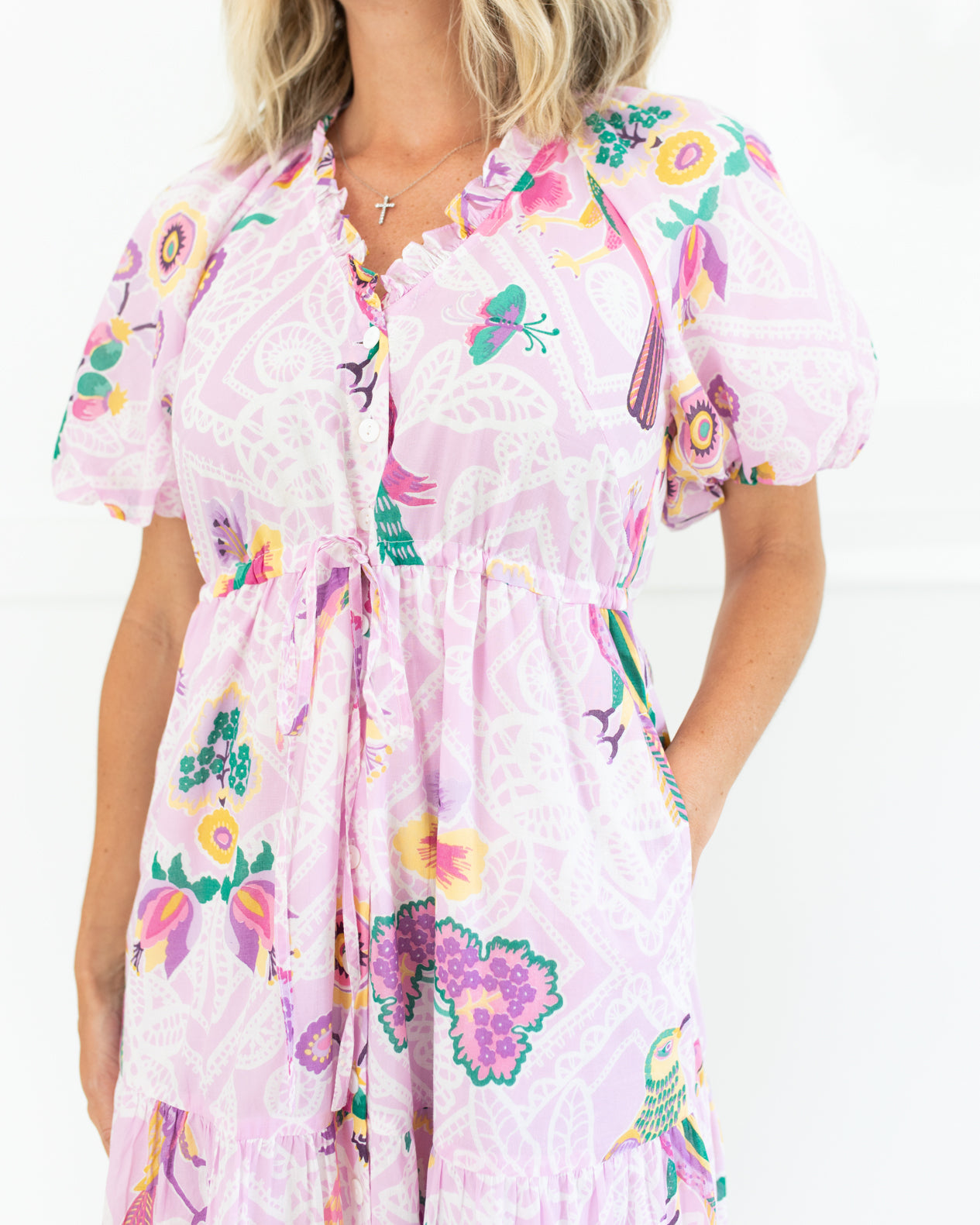 Lavender Button-front Maxi with Birds
