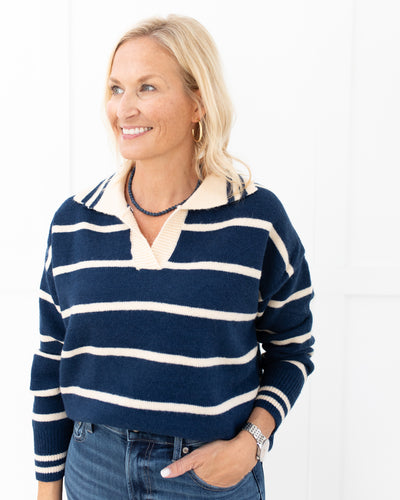 Navy with Cream Stripe Collared Sweater