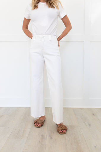 White High Rise Ankle Wide Leg Denim with Raw Edge Detail