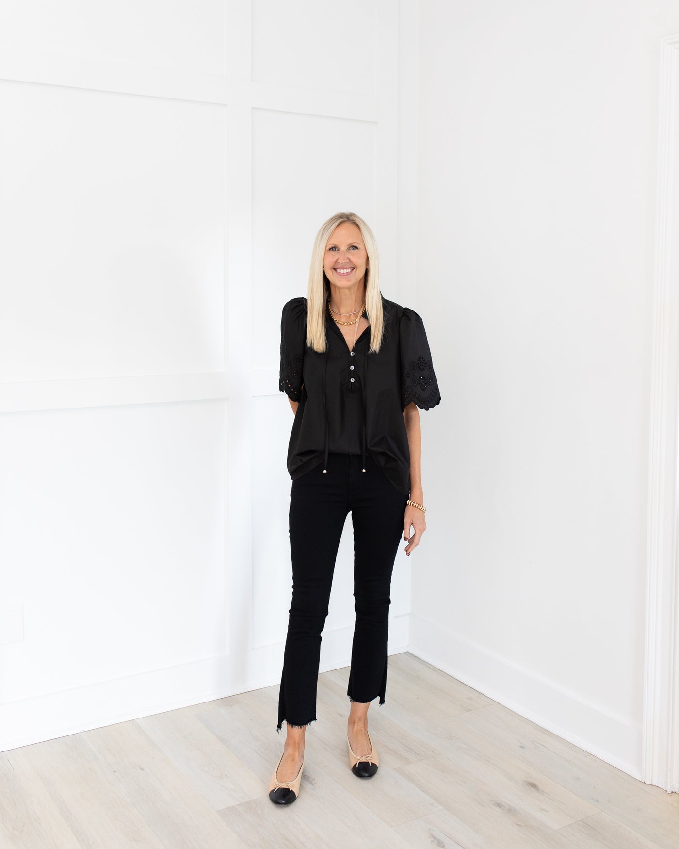 Black Eyelet Scallop Sleeve Top