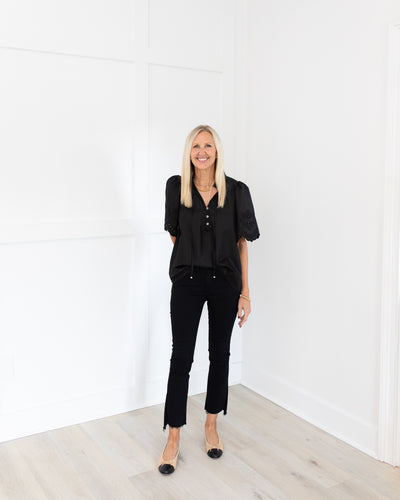 Black Eyelet Scallop Sleeve Top