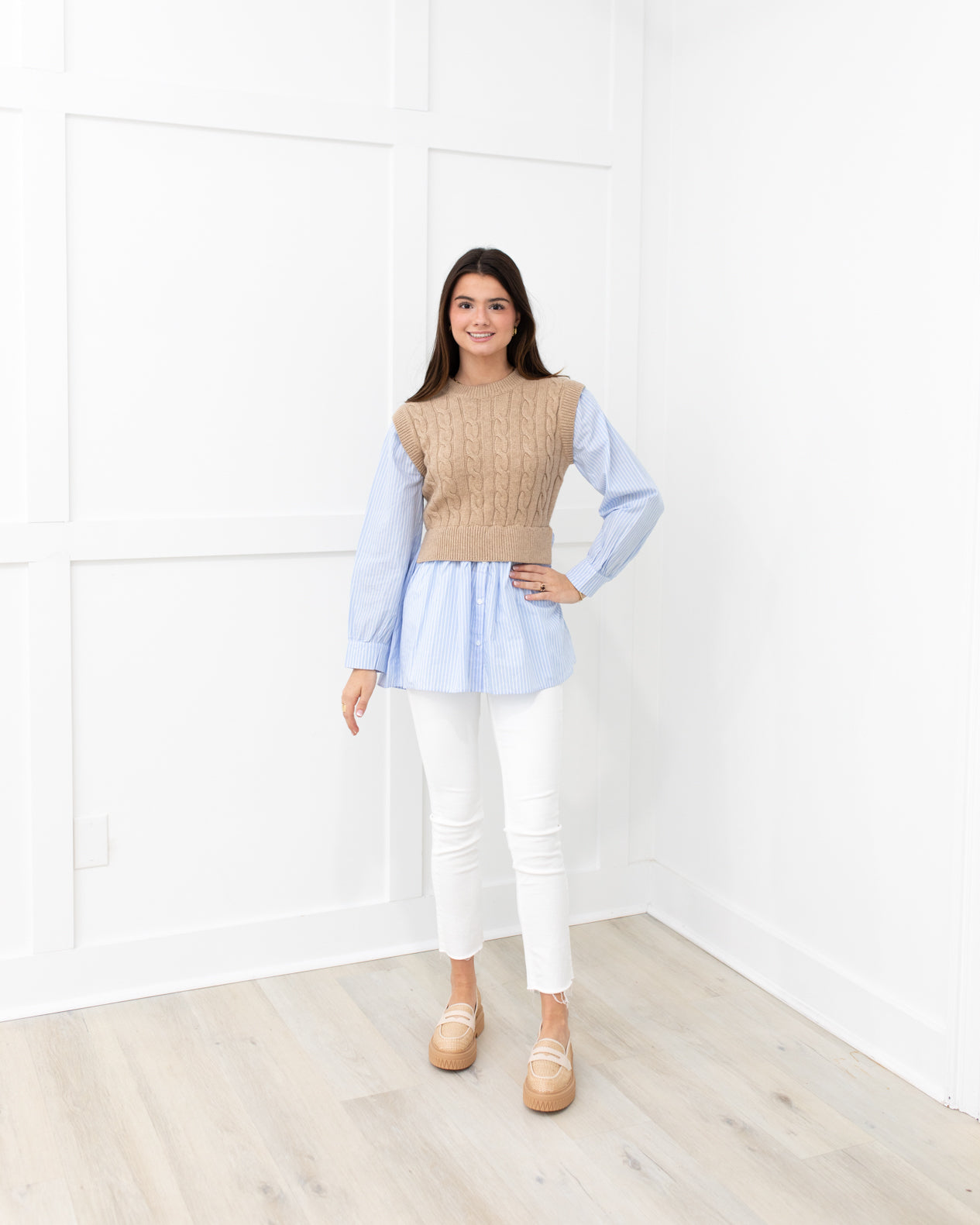 Beige Cable Knit Sweater with Blue Striped Shirt