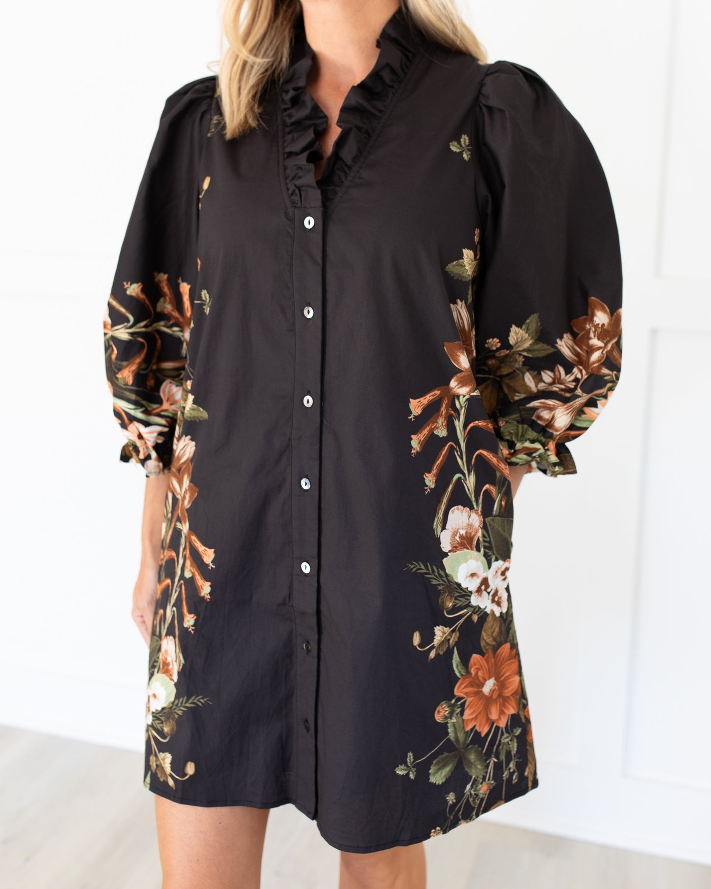 Black Long Sleeve Mini Dress with Brown and Cream Florals