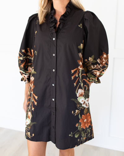 Black Long Sleeve Mini Dress with Brown and Cream Florals