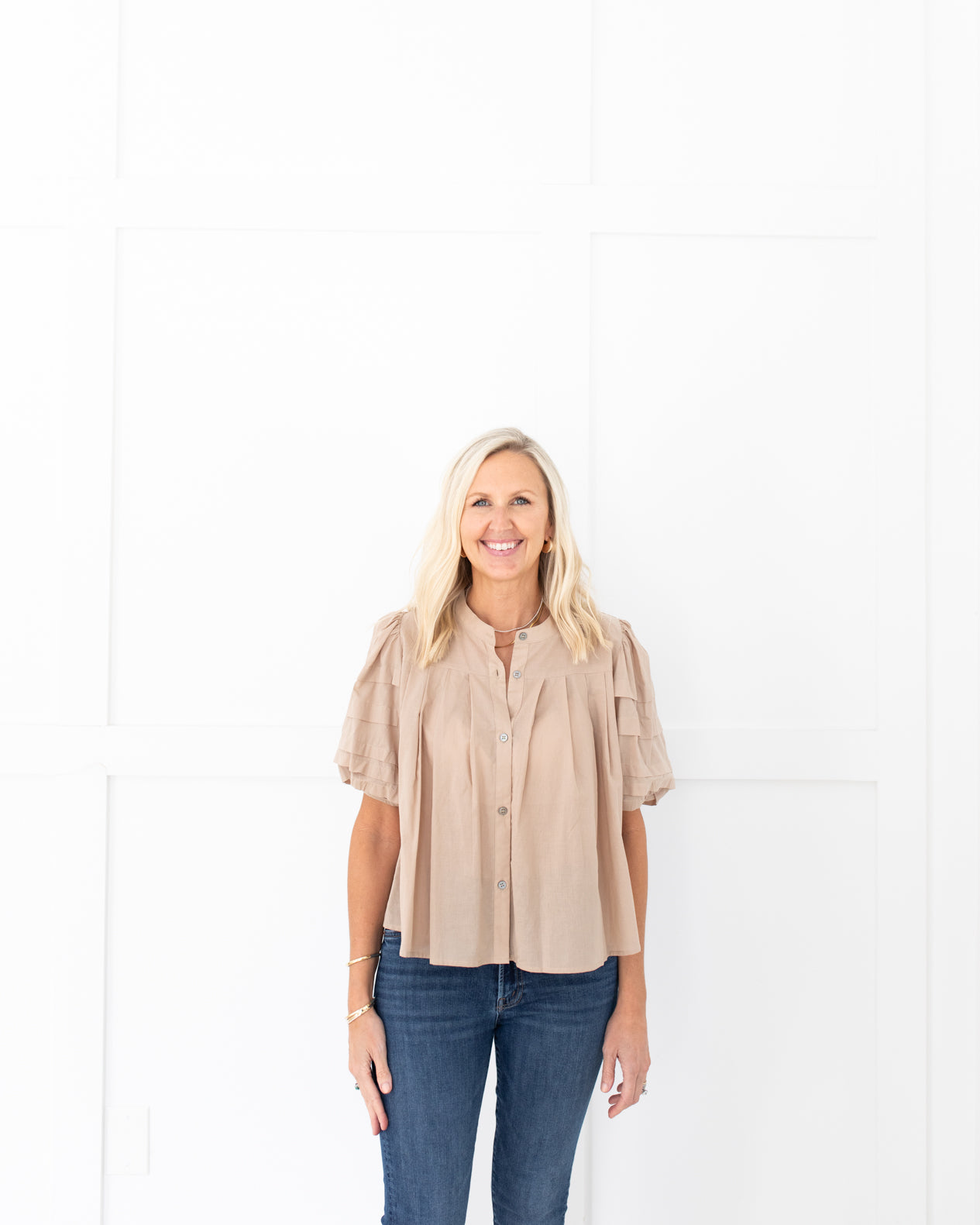 Taupe Button Down Balloon Sleeve Top