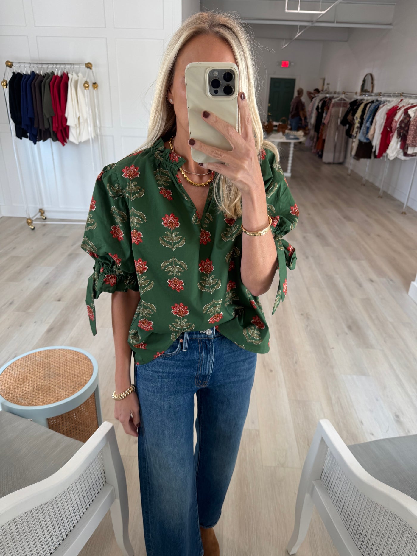 Hunter Green and Poppy Floral Blouse