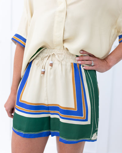 Cream Shorts with Olive, Blue and Tan Trim