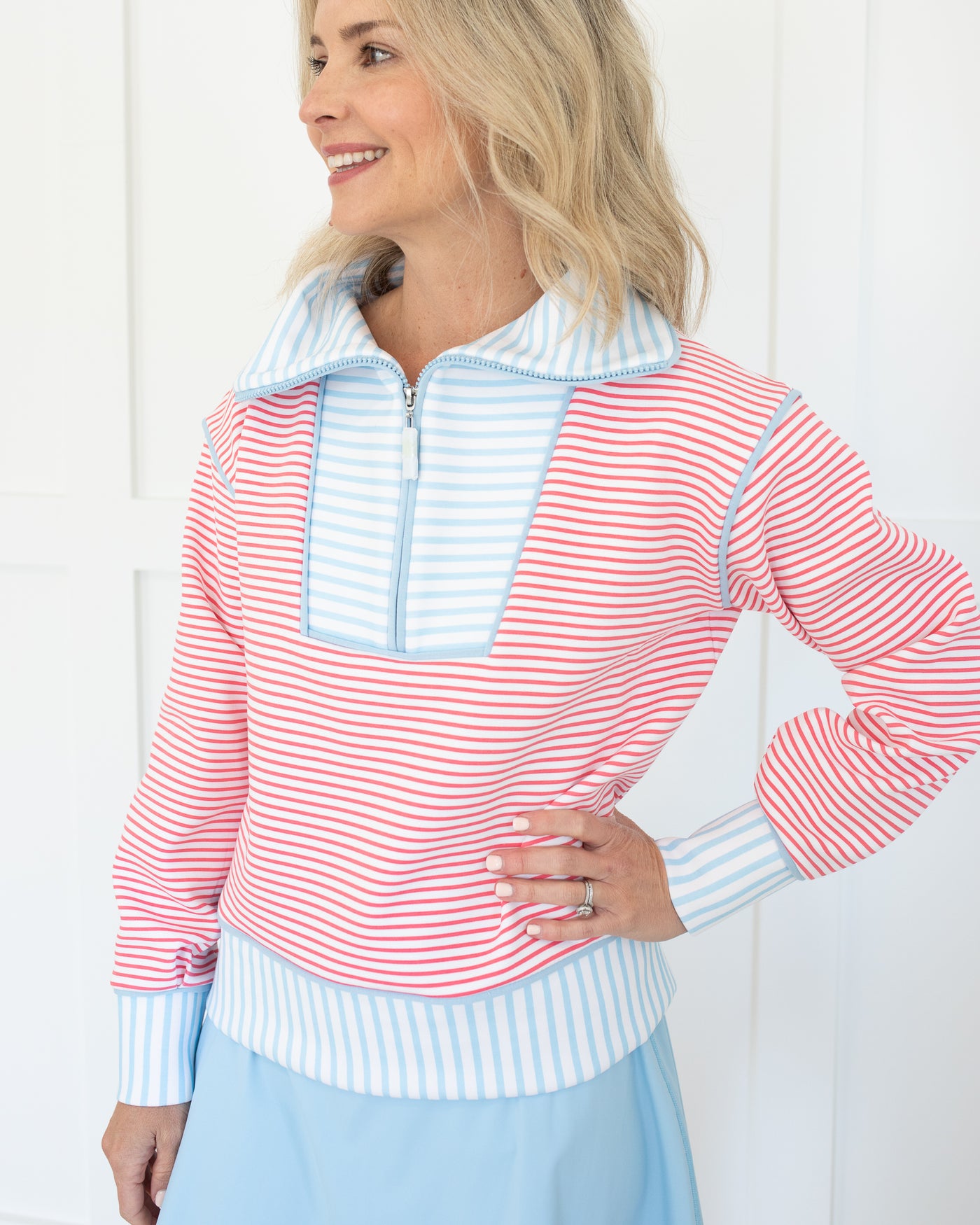 Alley Quarter Zip in Guava and Baby Blue Stripe