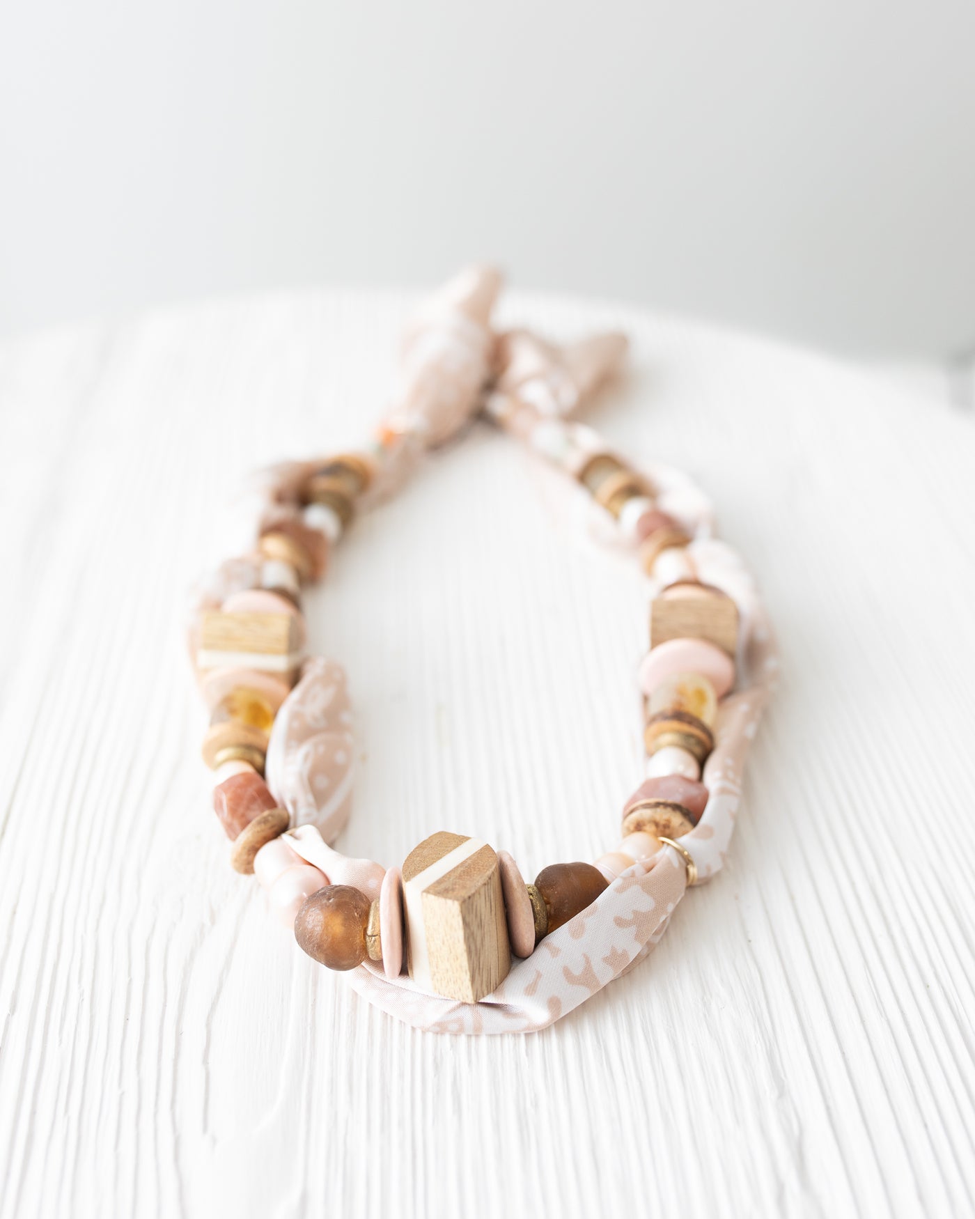 Beaded Silk Bandana Necklace in Light Neutrals