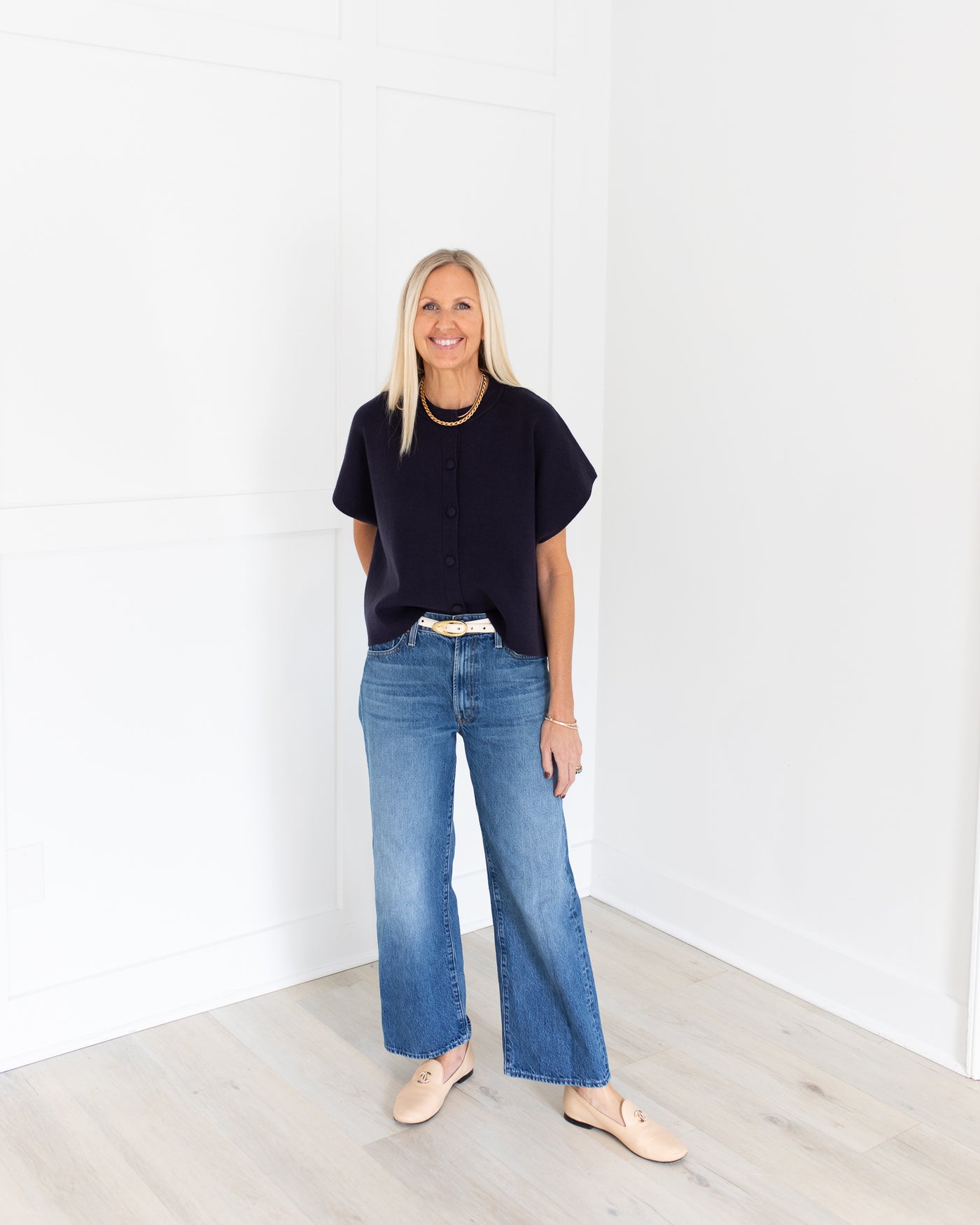 Navy Knit Soft Short Sleeve Sweater w/Buttons