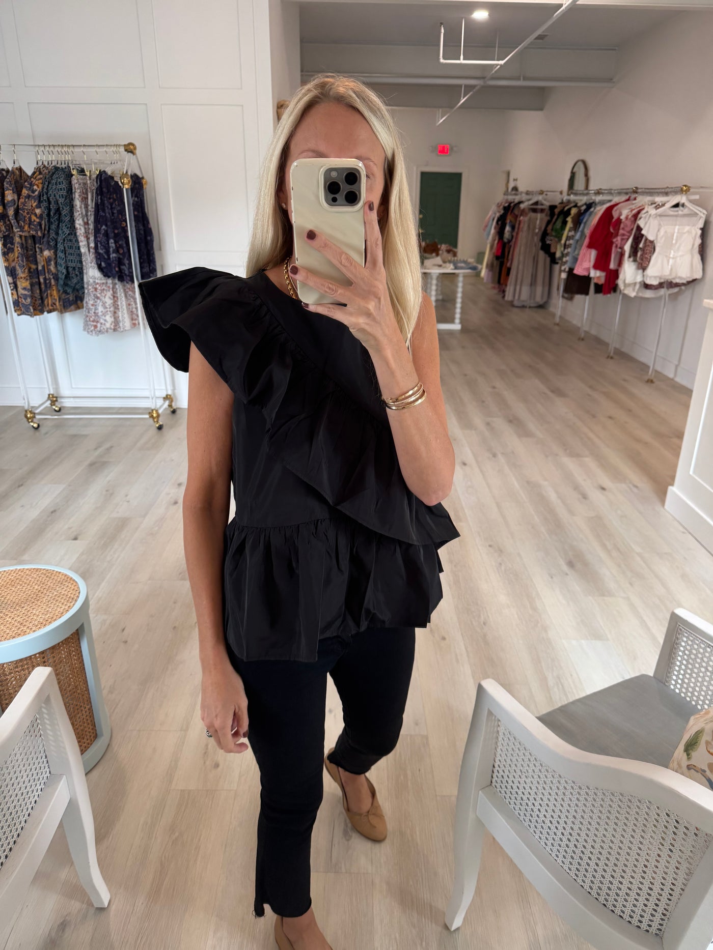 Black Dressy Front Ruffle Peplum Top