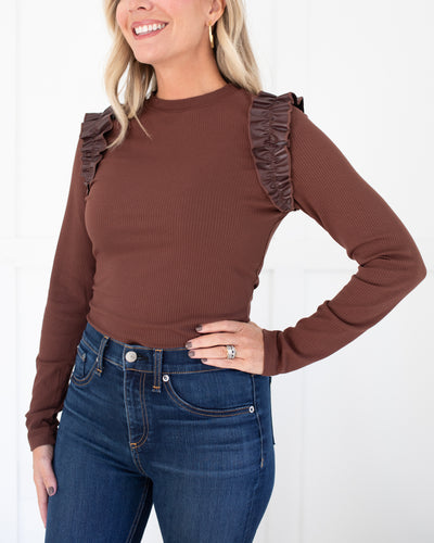 Brown Long Sleeve with Leather Ruffle Shoulder