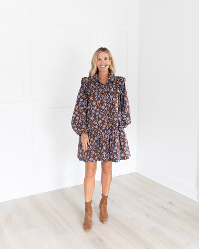 Brown with Blue Floral Button Down Drop Waist Dress