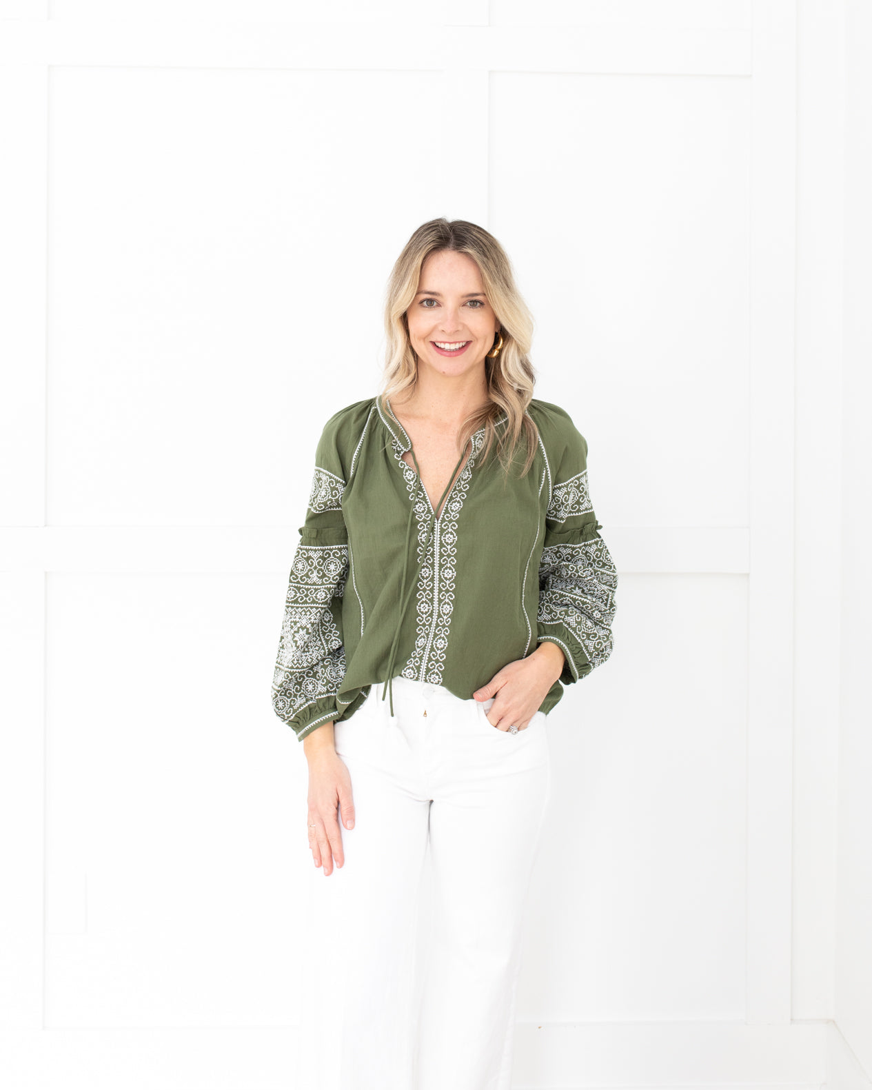 Olive with White Embroidery Blouse with Balloon Sleeves