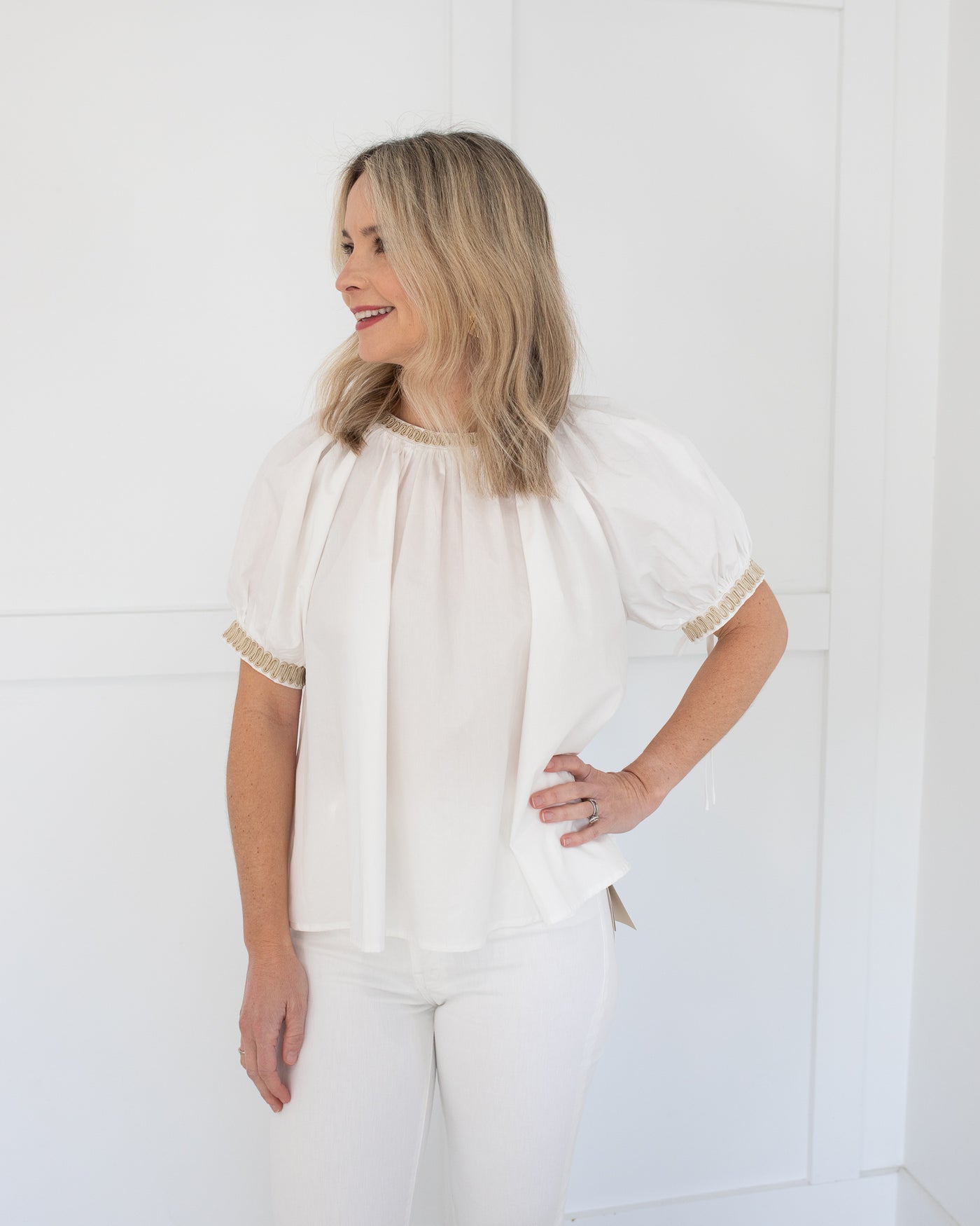 White Puff Sleeve Blouse with Tan Embroidered Trim