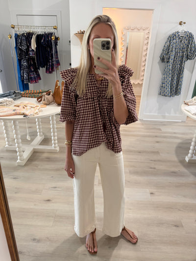 Burgundy & Neutral Gingham Long Sleeve Blouse