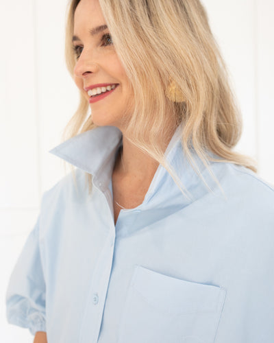 Light Blue Blouse with Embroidered Sleeve