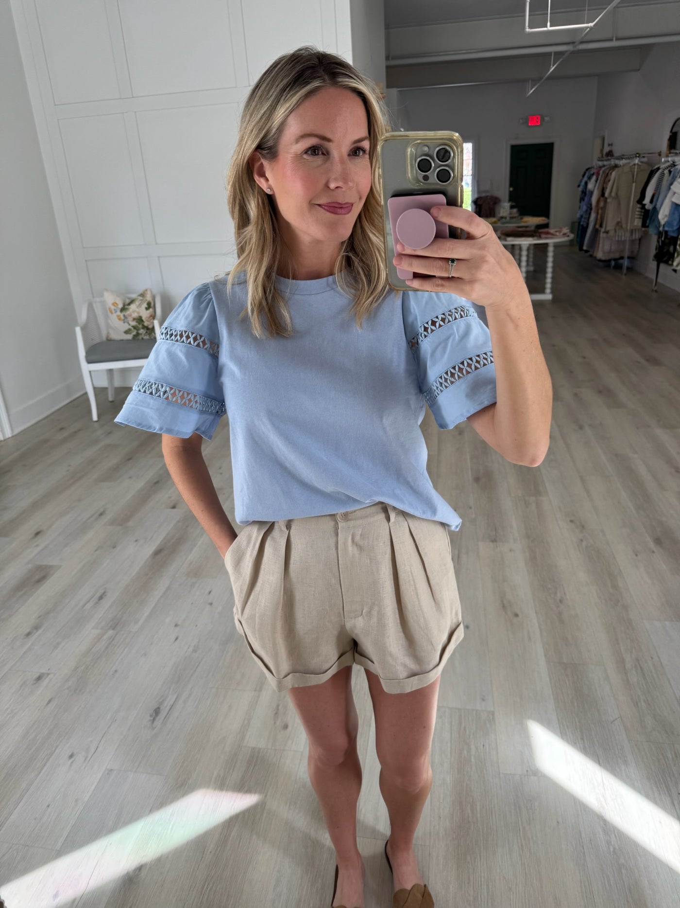 Light Blue Top With Poplin Sleeves