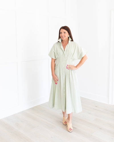 Green Striped Pleated Collared Shirt Dress